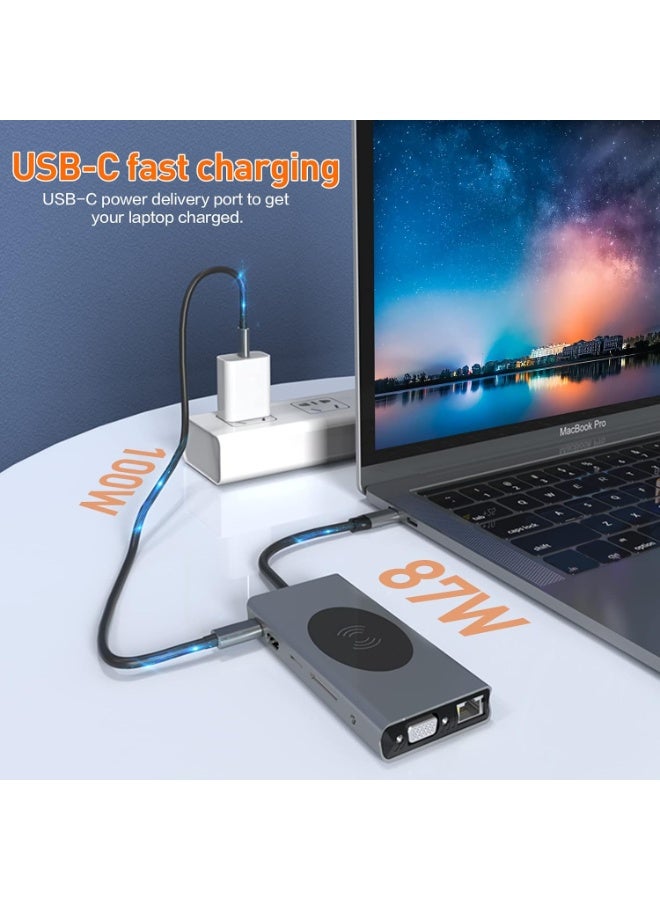 ميذ محول MT-9888W USB-C HUB Dongle مع شحن لاسلكي، محطة إرساء 13 في 1 تدعم دقة 4K بمعدل 30 هرتز، HDMI، VGA، منفذي USB 3.0، منفذي USB-C 3.0 و2.0، منفذ بطاقة SD/TF، ​​ومنفذ AUX 3.5 ملم، متوافق مع MacBook Pro وأجهزة الكمبيوتر المحمولة الأخرى. - Image 3